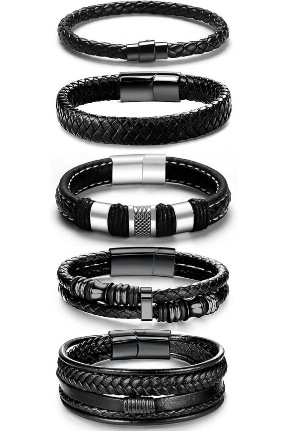 Black Leather Bracelets for Men Women 5pcs Mens Bracelet Leather and Steel Braided Cuff Bracelets