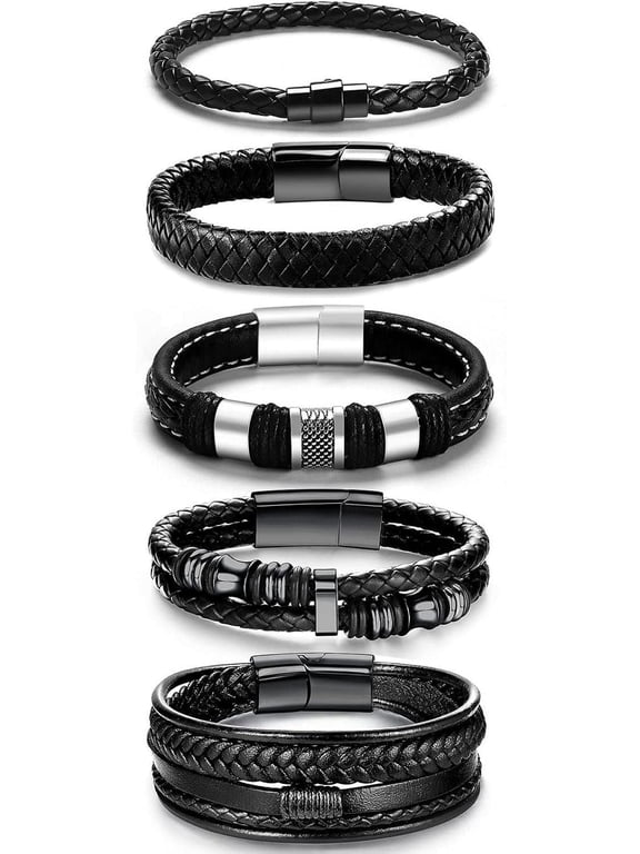 Black Leather Bracelets for Men Women 5pcs Mens Bracelet Leather and Steel Braided Cuff Bracelets