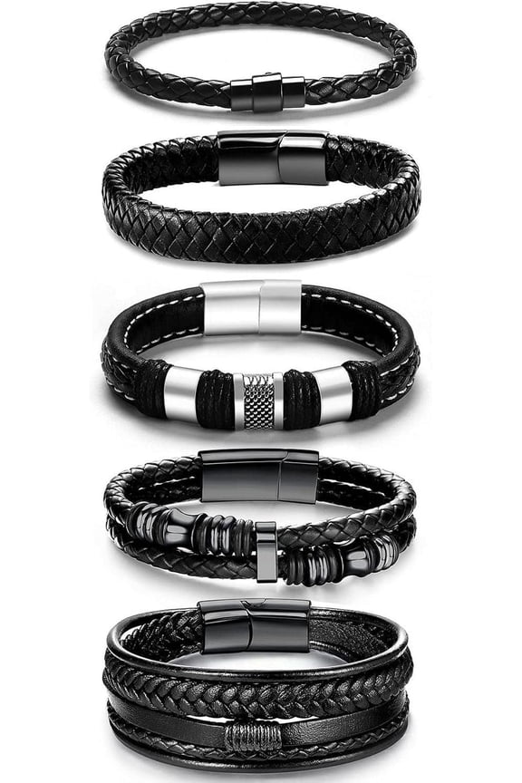 Black Leather Bracelets for Men Women 5pcs Mens Bracelet Leather and Steel Braided Cuff Bracelets