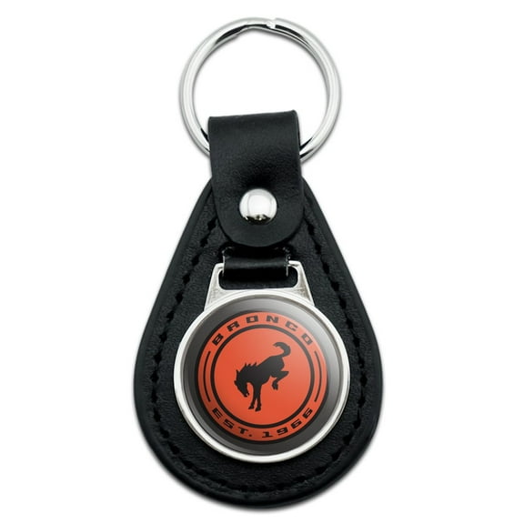 Black Leather Bronco Round Badge Distressed Keychain