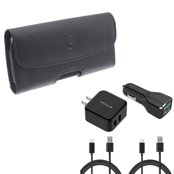 Black Leather Carry Case w 4-in-1 Adaptive Fast Home Car Charger 6ft Long (Two) USB Cable W8Q for Motorola Moto Z3 Play Z2 Play Z Play Droid Force Droid G7 Power - OnePlus 5T, 6, 6T