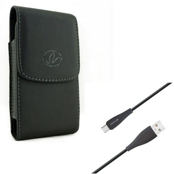 Black Leather Case Cover Pouch Holder w 10ft Long TPE USB Type-C Cable Sync Wire V6N for Acer Liquid Jade Primo - Alcatel Idol 4S - ASUS ROG Phone, ZenFone AR 6 5z 4 Pro - BLU Vivo XI Plus