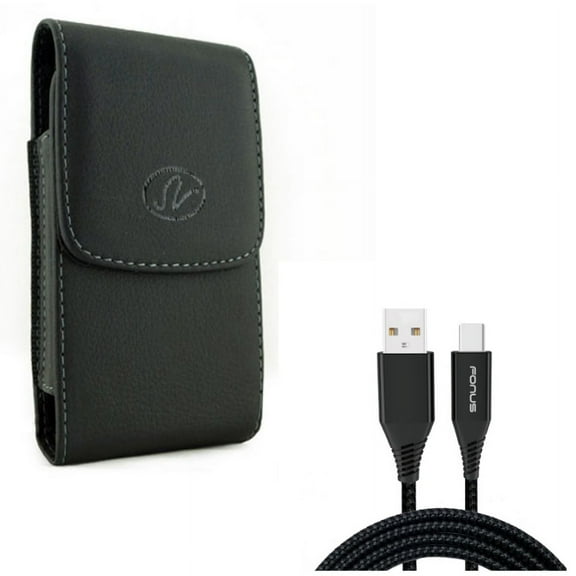 Black Leather Case Cover Pouch Holder w Braided Type-C USB Cable 10ft Long Power Cord G8D for Motorola Moto Z4 Z3 Play Z2 Play Z Play Droid Force Droid G7 Power - OnePlus 6, 6T - Razer Phone 2