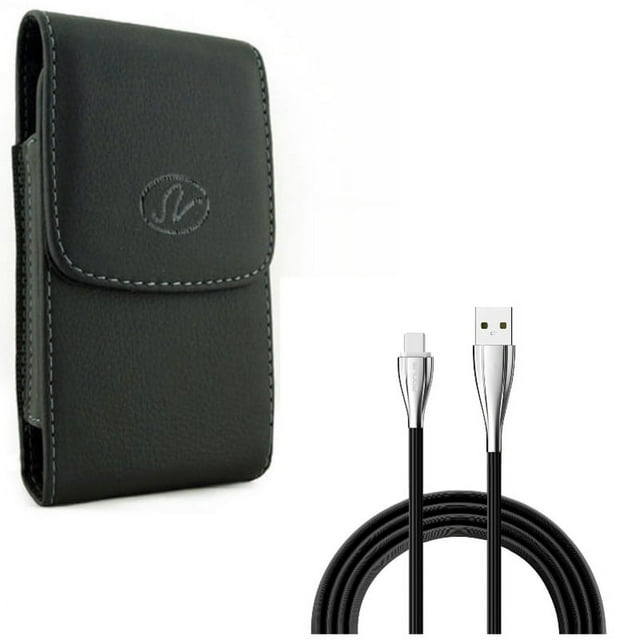 Black Leather Case Cover Pouch w Type-C USB Cable Charge Power Sync Cord 10ft USB-C Wire J6M for Acer Liquid Jade Primo - Alcatel Idol 4S - ASUS ROG Phone, ZenFone AR 6 5z 4 Pro