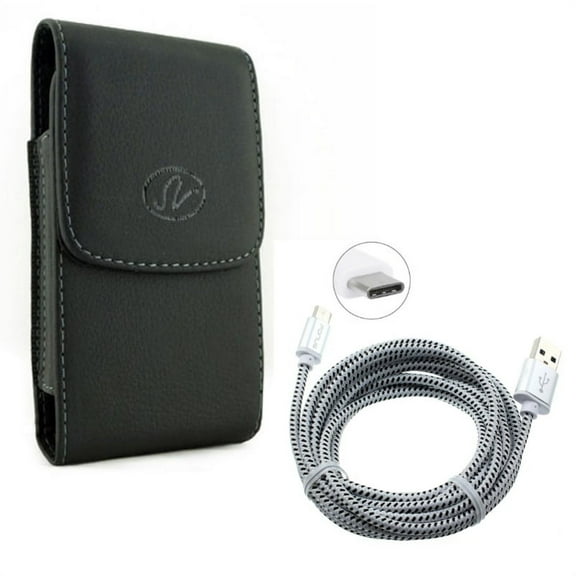 Black Leather Case Cover Pouch w White Durable Braided 6ft Long Type-C Cable Rapid Charge USB Wire Sync X4W for BLU Vivo XI Plus - CAT S48c - Google Pixel XL 3a XL 3 XL 2 XL - HTC Bolt, U11