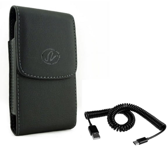 Black Leather Case Cover Protective Pouch w Black Coiled Type-C Cable Rapid Charger Sync USB Wire M4W for Motorola Moto G7 Power - OnePlus 6, 6T - Razer Phone 2 - Samsung Galaxy S9 Plus, S8+