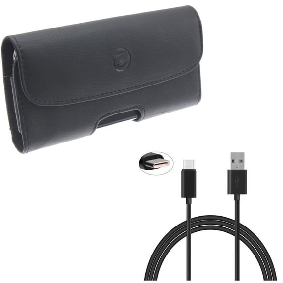 Black Leather Case Side Cover Protective Pouch w Black 6ft Long Type-C USB Cable w Turbo Charging Support Wire Sync Rapid Charge E6Q for Acer Liquid Jade Primo - ASUS ROG Phone, ZenFone AR 6 4