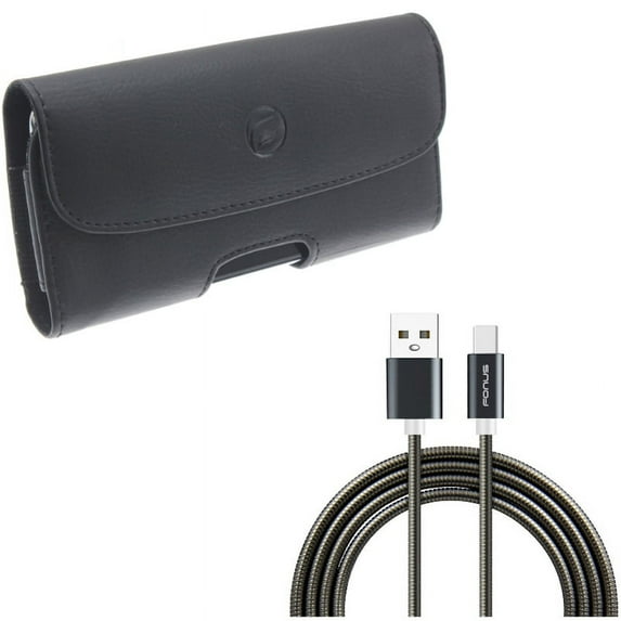 Black Leather Case Side Cover Protective Pouch w Metal Braided Type-C USB Cable Charging Power Sync Wire USB-C Data Cord [Silver] K1Y for Samsung Galaxy S10 Plus A50 - Sony Xperia XZ3