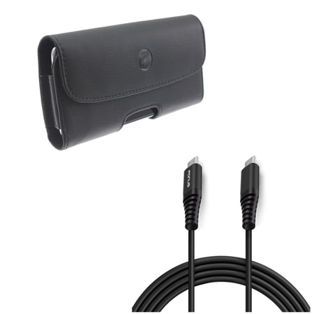 Black Leather Case Side Cover w Black 10ft Long Type-C to Type-C Cable TPE Sync USB Wire Z5D for Alcatel 7 - Coolpad Legacy - Nokia 3.1 Plus - OnePlus 7 Pro - Samsung Galaxy S10 5G Note9 Note8