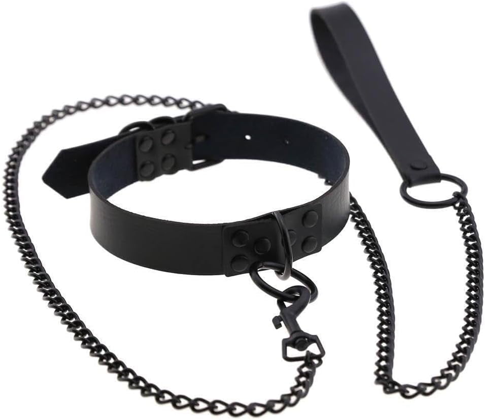 Black Leather Choker Collar with Leash Adjustable Metal Chain