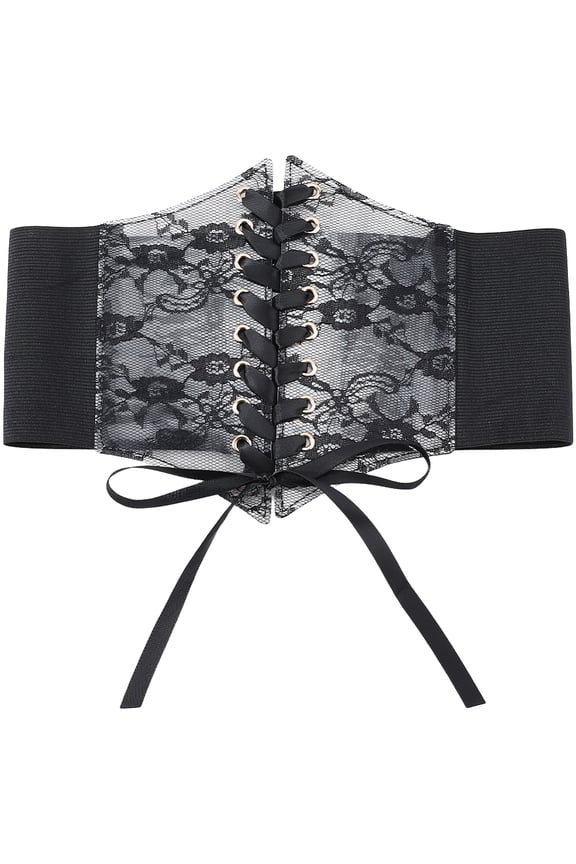 Black Leather Cinch Corset Wide Elastic Lace Waist Belt Vintage Boho Around Obi Trendy Tie Wrap Lace Up Waistband Belts Bulk