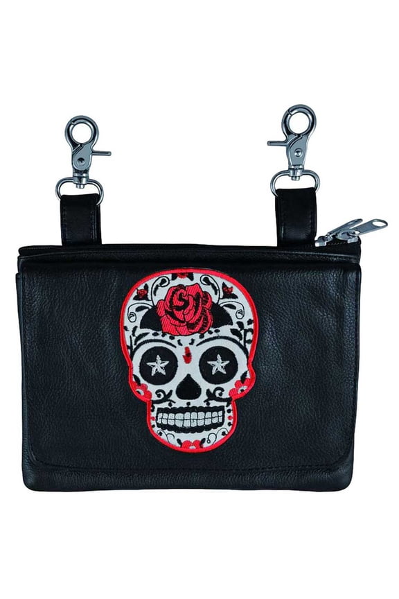 Derringer Women's Rose Sugar Skull Cowhide Leather Clip-On Hip Bag - Black