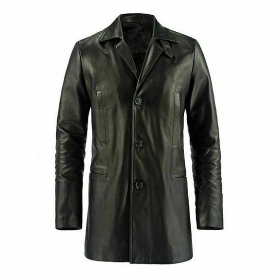 Black Leather Coat - Handmade Black Pea Coat - Men Black Knee Length Coat