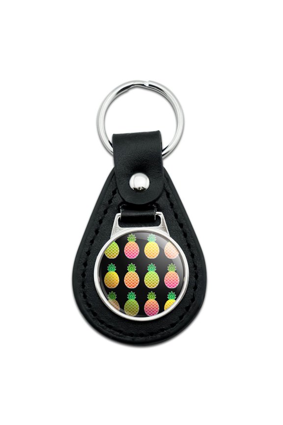 Black Leather Colorful Pineapples Pattern Keychain