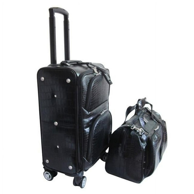 Black Leather Croco-Print 2-Piece Carry-On Spinner Luggage Set