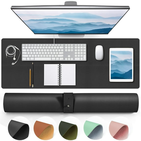 Black Leather Desk Mat, Non-Slip Large Computer Desk Pad Protector, Waterproof Office Desk Mouse Pad Blotter for Desktop Keyboard Gaming Home Decor (31.4" x 15.7")