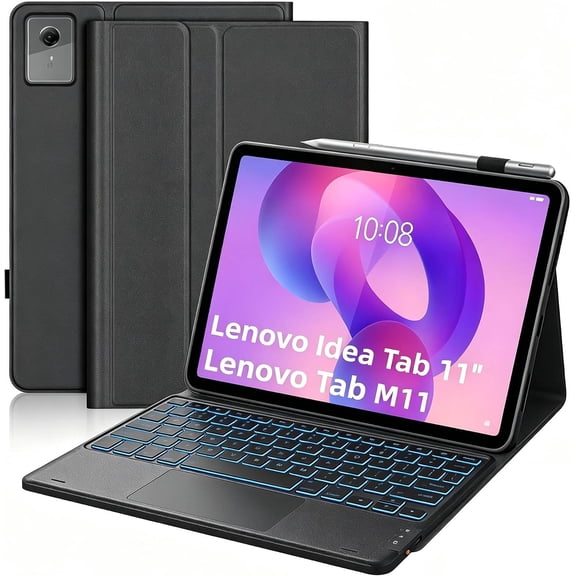 Black Leather Detachable Bluetooth Keyboard Folio with Backlit Touchpad for Lenovo Idea Tab 11" / M11 2024 & Idea Tab 11" 2025 (TB-336ZU/TB-336FU)