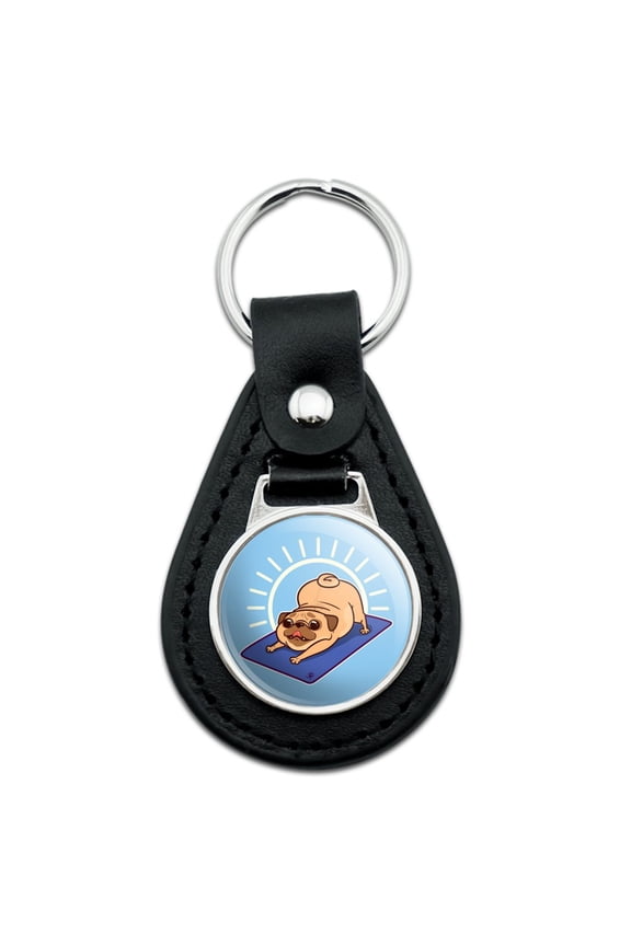 Black Leather Downward Facing Dog Pug Doing Yoga Keychain