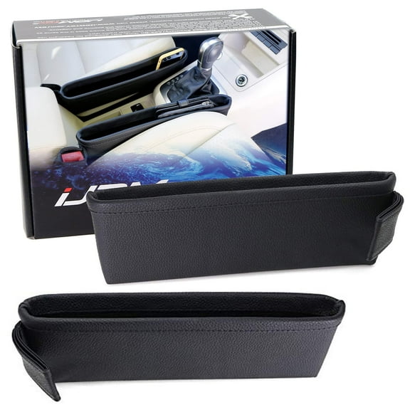 Black Leather Extra Long Car Side Pocket Organizers, Seat Catcher Holders For Key, Wallet, Phone, Sunglasses, etc