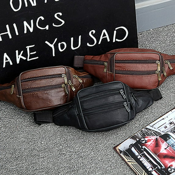 Black Leather Fanny Pack for Men & Women, Fashionable Multi-Pockets Waist Belt Bag for Travel Sports Hiking Cycling Fishing Running