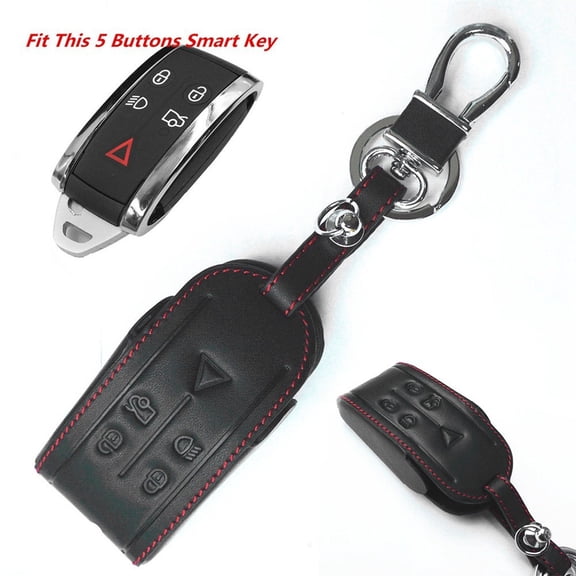 Black Leather For JAGUAR XF XK XKR 5 Buttons for Smart Remote Key Chain Cover Fob