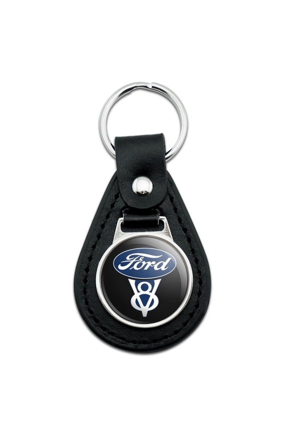 Black Leather Ford Vintage V8 Logo Keychain