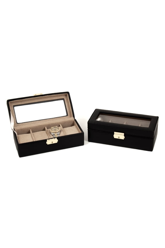 Black Leather Four Watch Case with Glass Top and Locking Clasp.