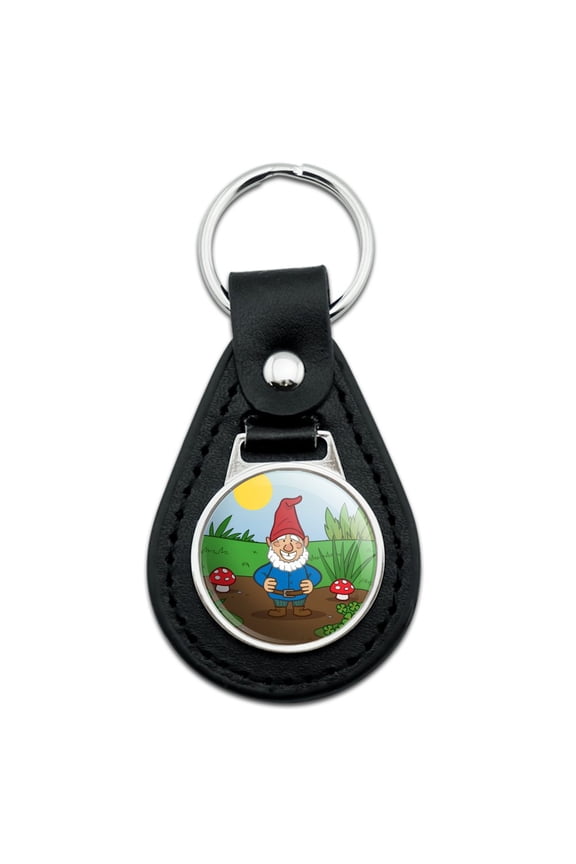 Black Leather Garden Gnome with Toadstools Keychain