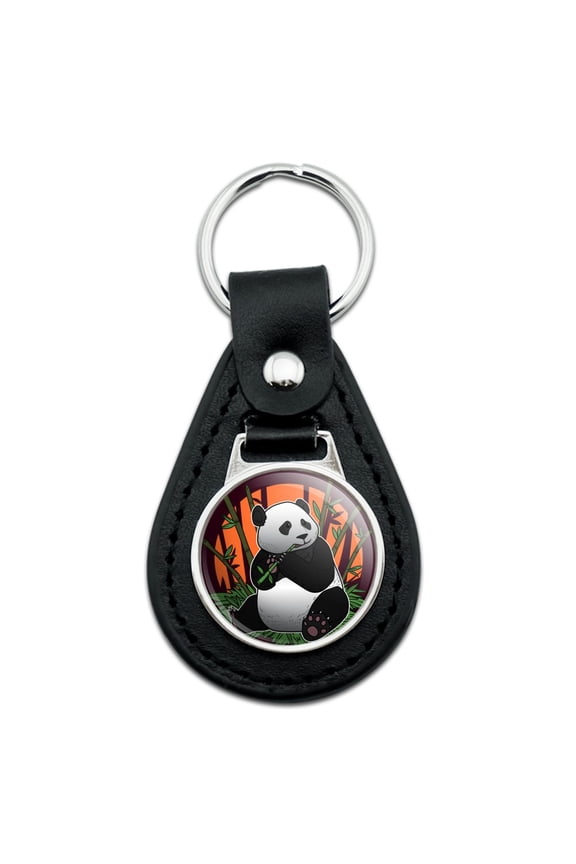 Black Leather Giant Panda Bear Eating Bamboo Keychain