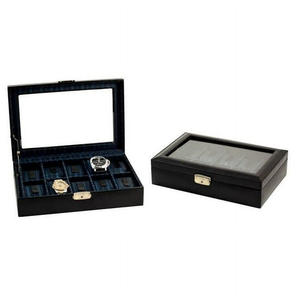 Black Leather Glass Lid Fabric-Lined Locking 10-Watch Case GM8752