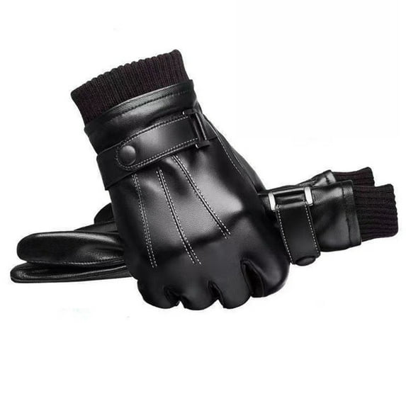 Black Leather Gloves for Men, Winter Warm Touchscree Cycling Gloves, for Outdoor Sport Cold Weather Running Cycling Driving Hiking