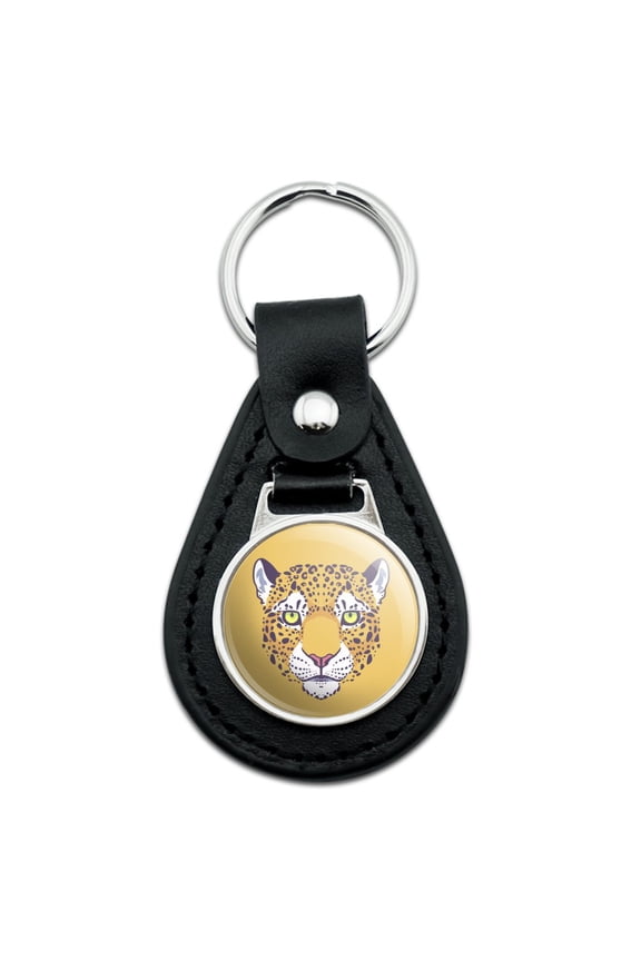 Black Leather Gold Spotted Leopard Face Keychain