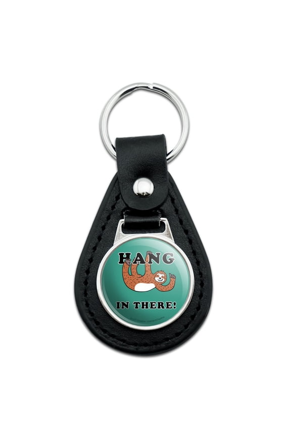 Black Leather Hang in There Sloth Funny Humor Keychain