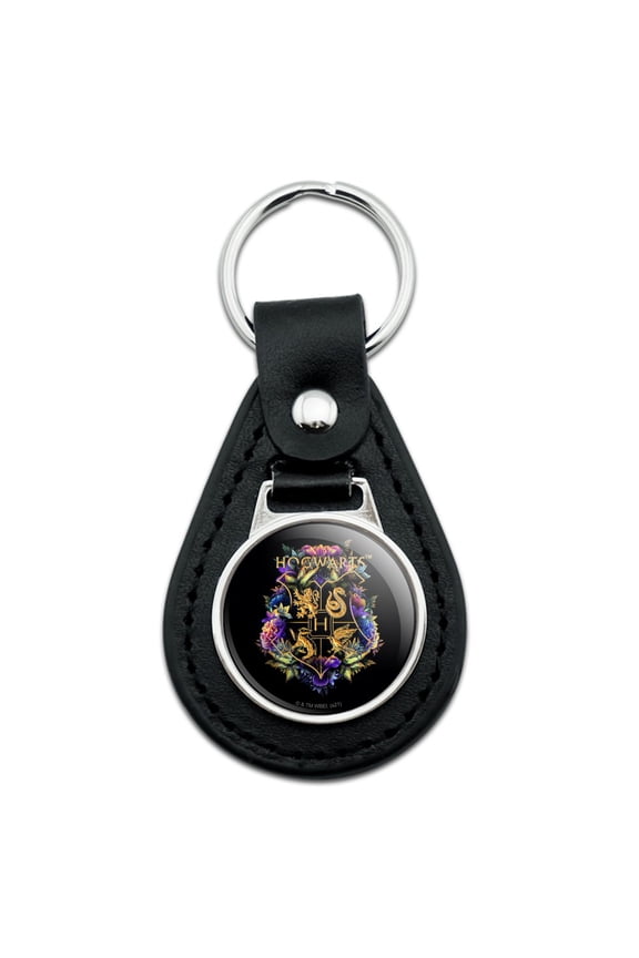 Black Leather Harry Potter Hogwarts Floral Crest Keychain