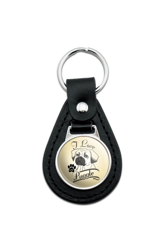 Black Leather I Love My Puggle Keychain