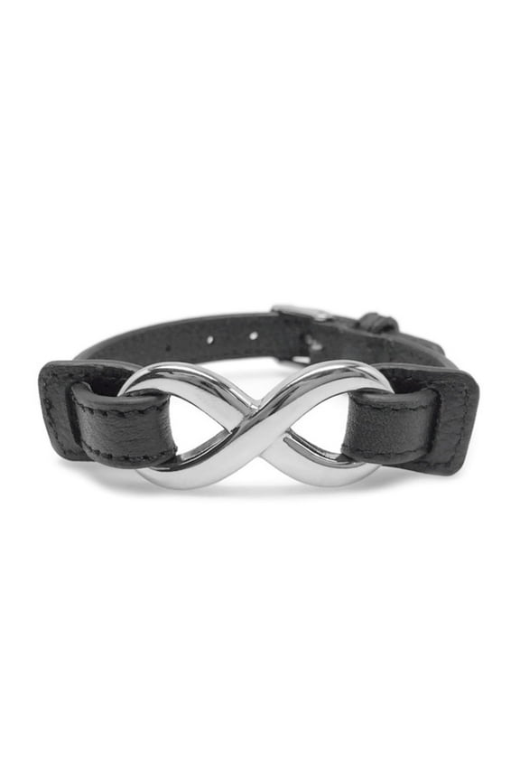 Black Leather Infinity Bracelet Stainless Steel Clasp Mens Womens (9.5 Inch)