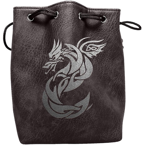 Black Leather Lite Celtic Knot Dragon Design Self-Standing Large Dice Bag