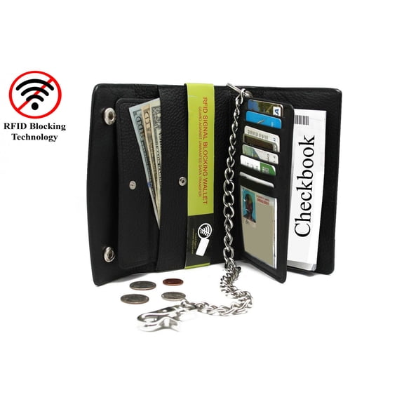 Black Leather Long Checkbook RFID Men's Tri-Fold Chain Wallet for Men Pebble texture by Juzar Tapal Collection