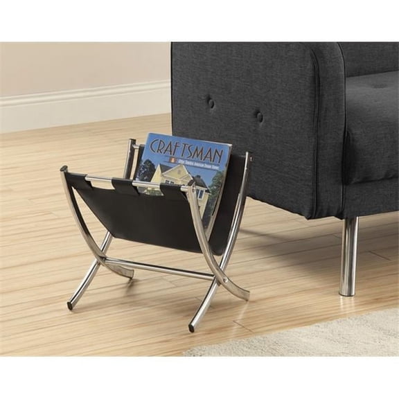 Black Leather-Look/Chrome Metal Magazine Rack