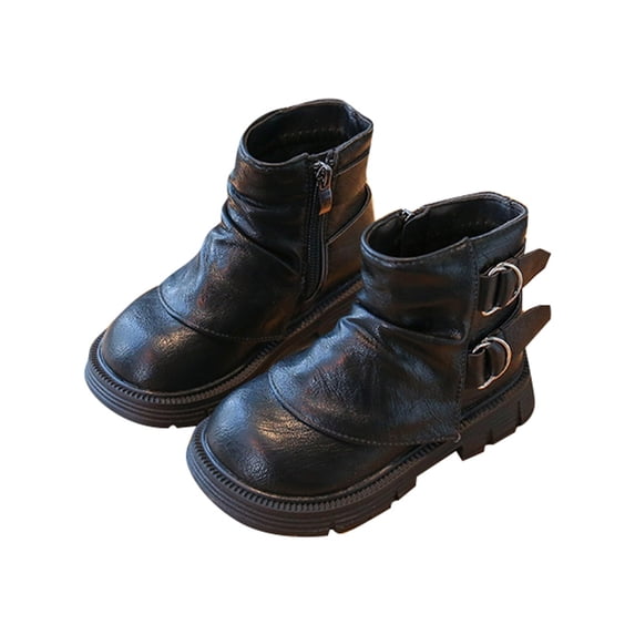 Black Leather Mid-Calf Booties for Big Toddler Kids - Winter Zip-Up Boots with Buckle Detail for a Punk-Inspired Look