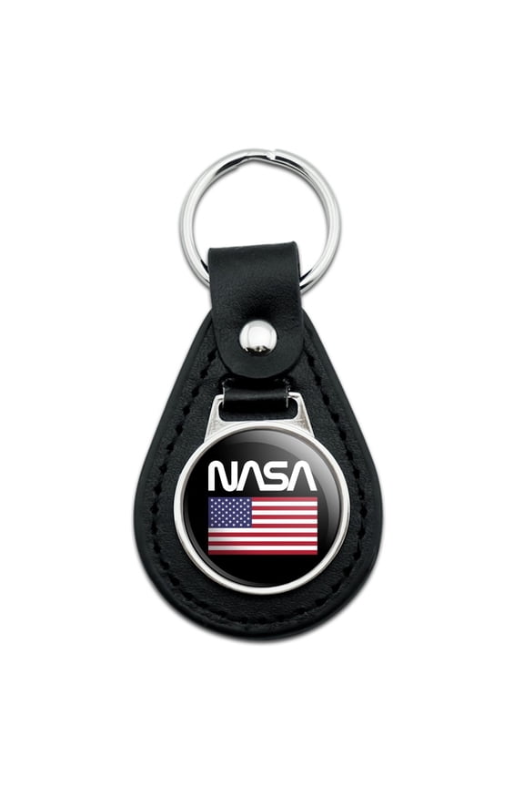 Black Leather NASA Official Worm Logo United States USA Flag Keychain