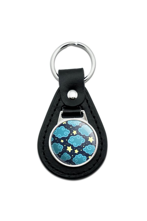 Black Leather Nighttime Sky with Clouds and Stars Pattern Keychain