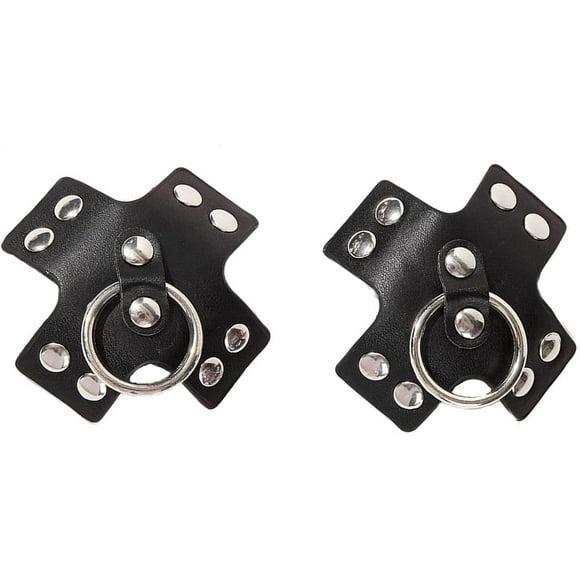 Black Leather Nipple Cover Reusable Pasties Punk Silver Metal Nipple Ring Breast Petals for Women