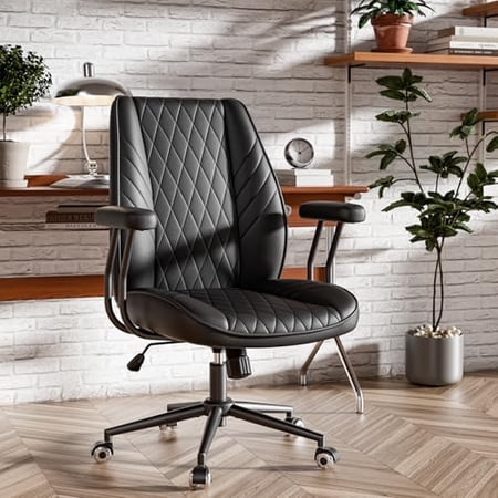Black Leather Office Desk Chair with Wheels, Quiet Casters, Height Adjustable, Padded Arms, Vintage Mid Century Office Chair, Retro Style Desk Chair$$Home Decor, Kitchen, & Other
