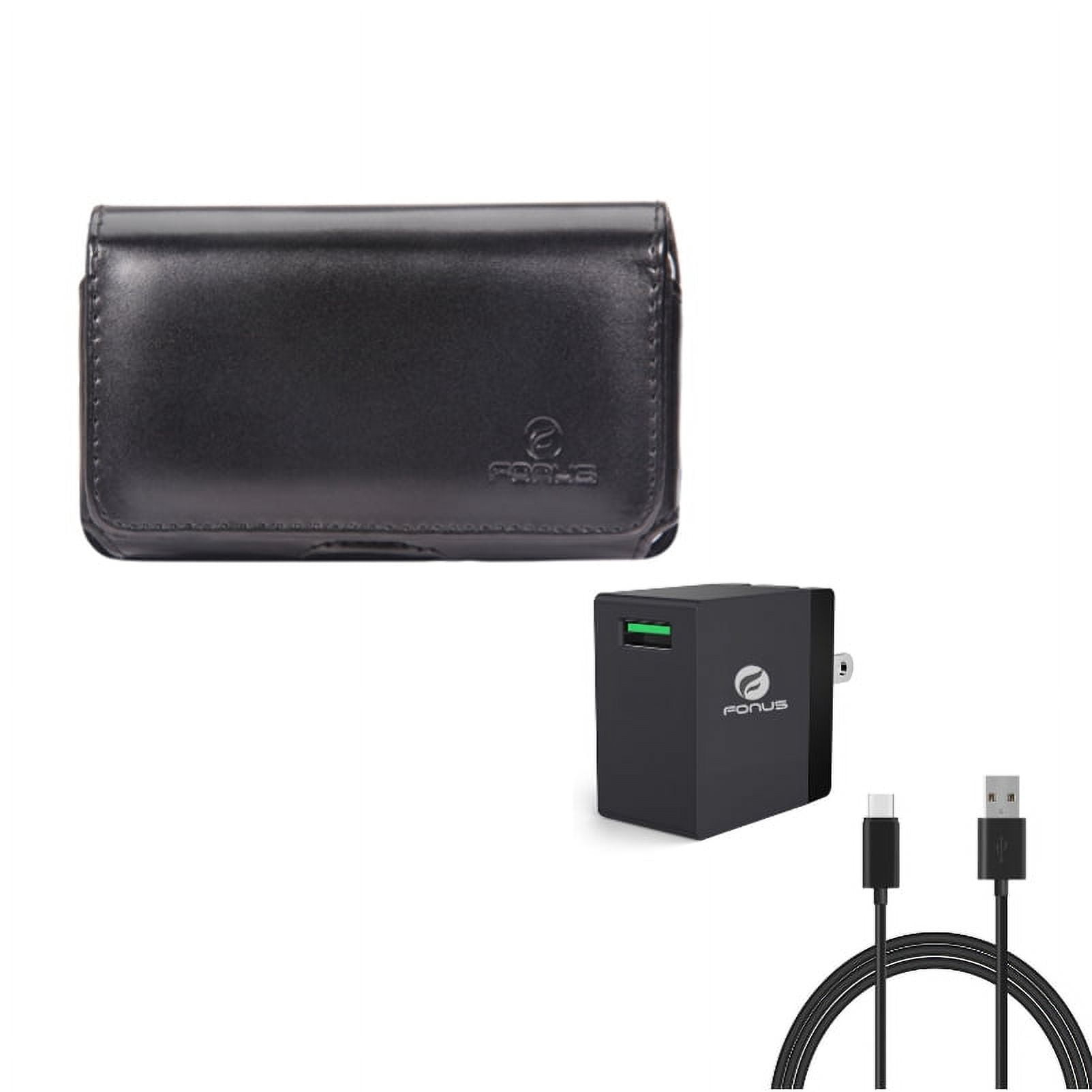 Black Leather Phone Case w 18W USB Adaptive Fast Home Charger 6ft Type-C Cable W6R for Microsoft Lumia 950 - Motorola One, Moto Z Droid X4 G7 Play G6 - Nokia 8 - Samsung Galaxy S9, S8, active