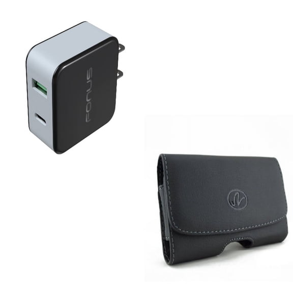 Black Leather Phone Case w 36W 2-Port USB Home Wall Quick Charger [Fast Type-C Port] X1X Compatible With Google Pixel 3a XL