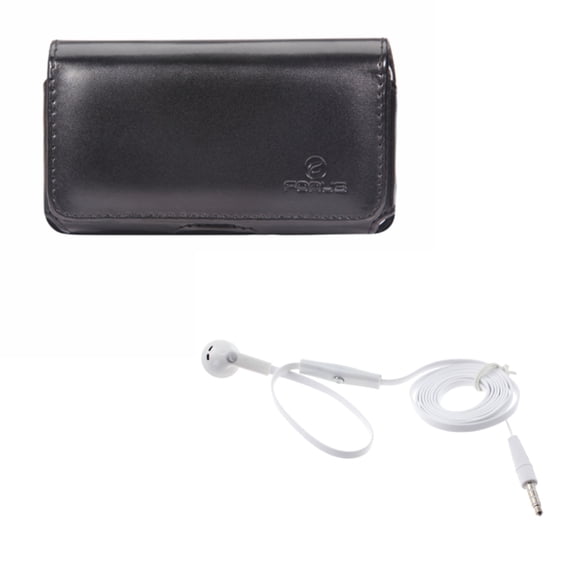 Black Leather Phone Case w Flat Wired Headset MONO Hands-free Earphone w Mic G5K for Motorola G4 Plus, Moto G6 G4 Play E4 PLUS E5 Play, Droid Maxx 2 - Nokia 6, 8, 2 V - OnePlus One, 5