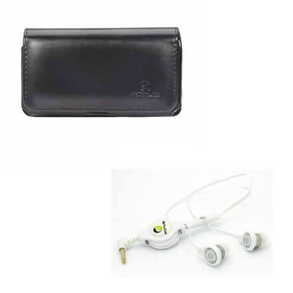 Black Leather Phone Case w Retractable Headset Hands-free Earphones w Mic P2Y for Motorola Moto E5 Play, Droid Maxx 2 - Nokia 6, 8, 2 V - OnePlus One, 5, OnePlus 2 - Samsung Galaxy S9, S8