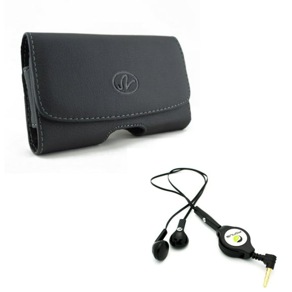 Black Leather Phone Case w Retractable Headset Hands-free w Mic W9N for ASUS ROG Phone, ZenFone 5z 5Q 4 Pro 2 - Blackberry Motion - BLU Vivo XL4, Pure View, R1 Plus, Go, Life One X3, 5R