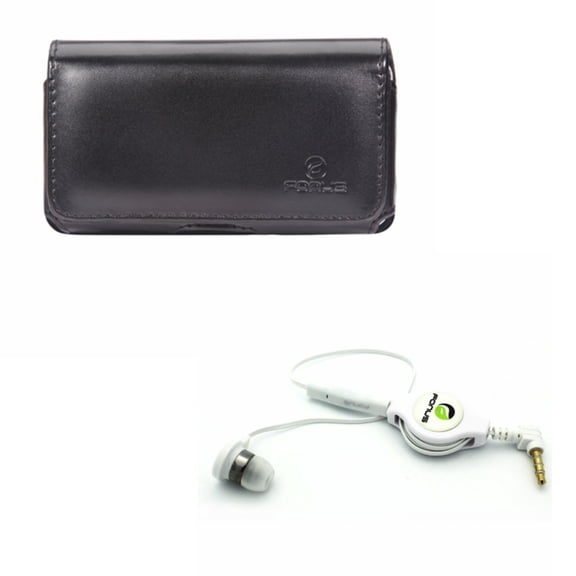 Black Leather Phone Case w Retractable Headset MONO Handsfree Earphone Mic P8X for Alcatel Onyx, Allura, Flint, PulseMix, REVVL, Fierce XL, Jitterbug Smart2 Smart, Avalon V, A30 Plus, 2, Pop 3